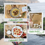 Charger l'image dans la galerie, trois photos avec les légendes "legannebox salée" "legannebox sucrée" "bubble tea box OFFERTE" , premiere photo pasta al funghi (pâtes aux champignons), deuxième photo cookies Hallongrottor suédois (cookies avec coeur de confiture de framboises), troisieme photo avec la box bubble tea (écogobelet, bouteille en verre de lait, petits pots en vrac), 2ème plan image floutée d'une tenant une boussole dans paysage montagneux 
